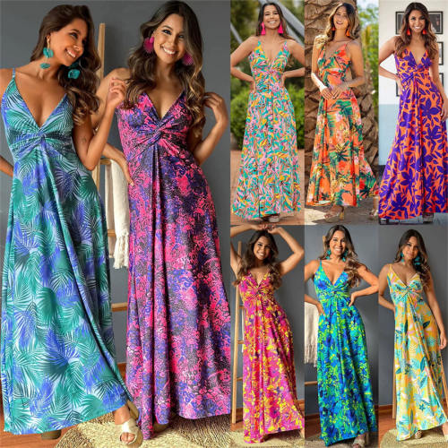 Women Floral Print Boho Dresses Summer Deep V-neck Maxi Dress PQ-LQ895