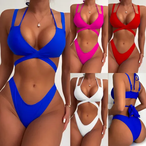 Women's Two Piece Bikinis Criss Cross Swimsuit, Sexy Solid Color Swimwear PQ24001