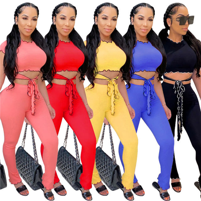 Women Two Piece Pants Cap Sleeve Fashion Ruffle Tops Casual Trendy Clothing
