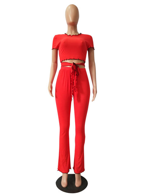 Women Two Piece Pants Cap Sleeve Fashion Ruffle Tops Casual Trendy Clothing