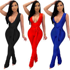 Women Trendy Clothing Deep V-neck Jumpsuits One-piece Casual Pants