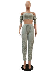 Women Sexy Tracksuits Bandeau Zipper Bras Off Shoulder Streetwear PQCM760