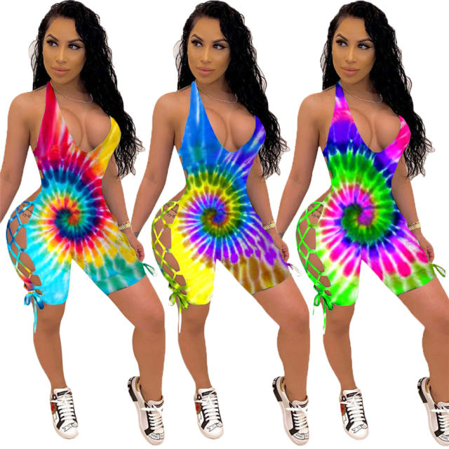 Sexy Paisley Tracksuits High Waist Exercise Overalls Pants Lace-up Bodysuits