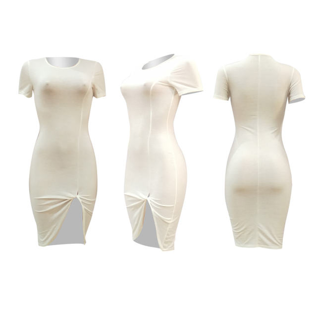Solid Color Casual Dresses Short Sleeve Split Midi Dress Leisure Apparel