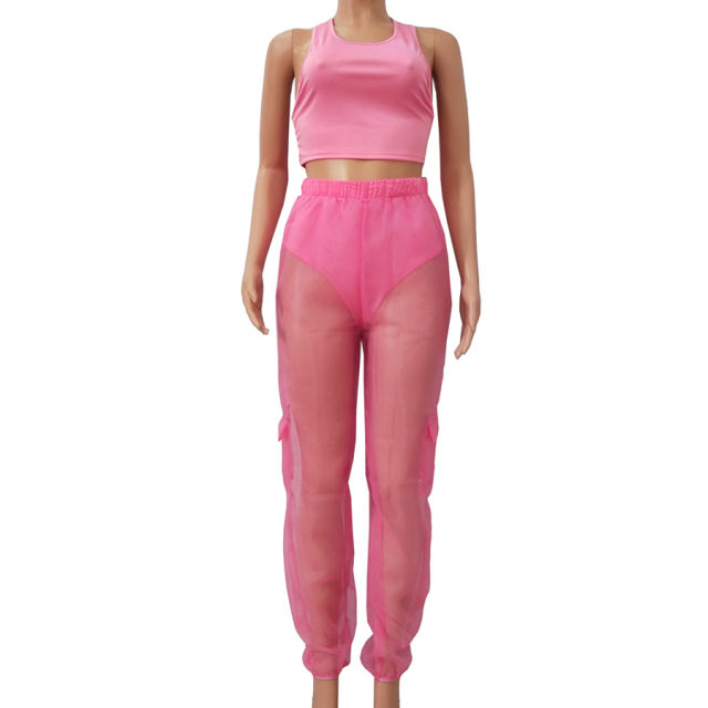 Sheer Mesh Sexy Sets High Waist Overalls Pants PQCM738