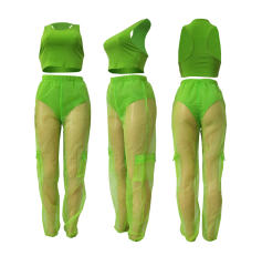 Sheer Mesh Sexy Sets High Waist Overalls Pants PQCM738