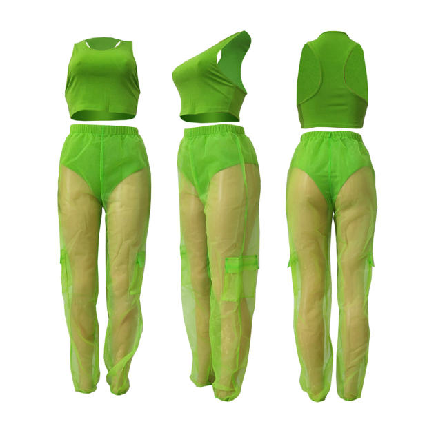 Sheer Mesh Sexy Sets High Waist Overalls Pants PQCM738