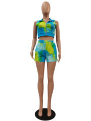 Tie Dyed Sexy Costumes Front Zipper Crop Tops with Boyshorts PQCM762