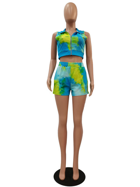 Tie Dyed Sexy Costumes Front Zipper Crop Tops with Boyshorts PQCM762