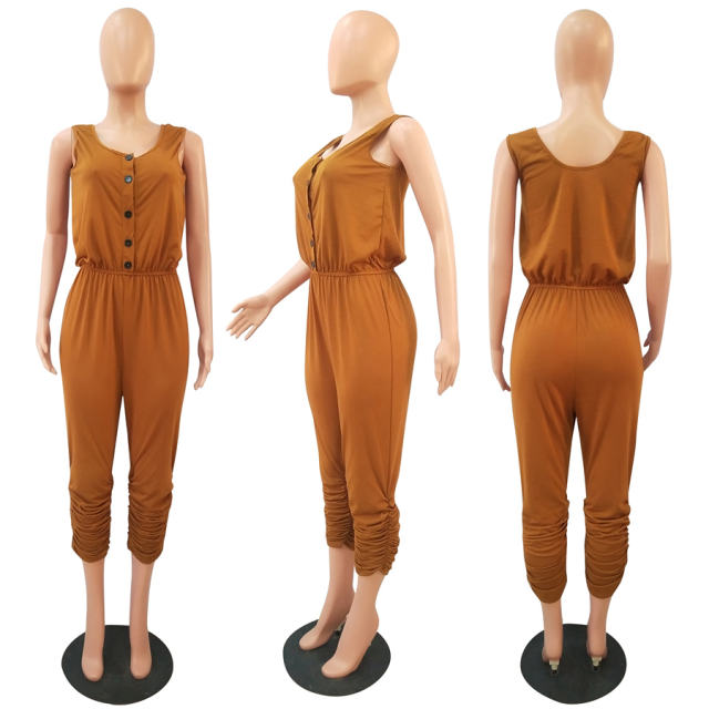 Women Casual Jumpsuits Solid Color Summer Streetwear Sleeveless Rompers