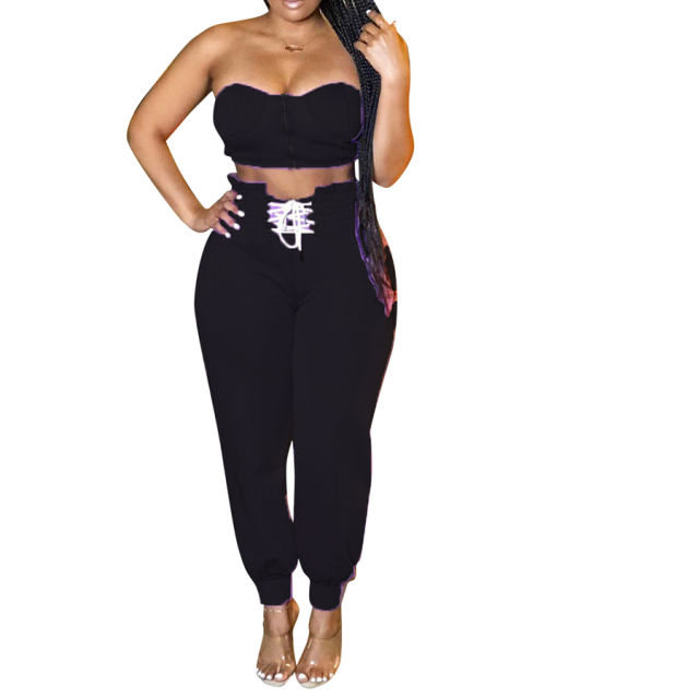 Lace-up Lady Sexy Tracksuits Sleeveless Solid Color Crop Tops Streetwear