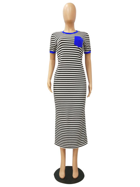 Striped Print Casual Dresses Short Sleeve Maxi Dress Summer Vintage Apparel