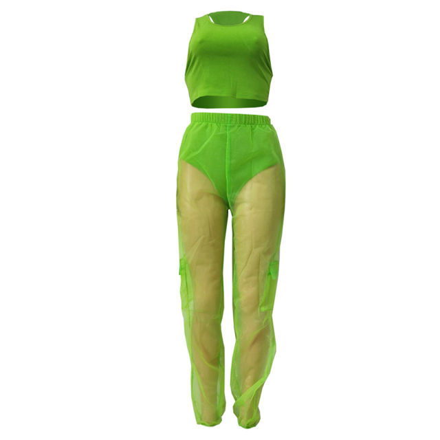 Sheer Mesh Sexy Sets High Waist Overalls Pants PQCM738