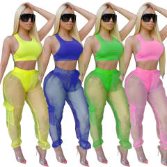 Sheer Mesh Sexy Sets High Waist Overalls Pants PQCM738