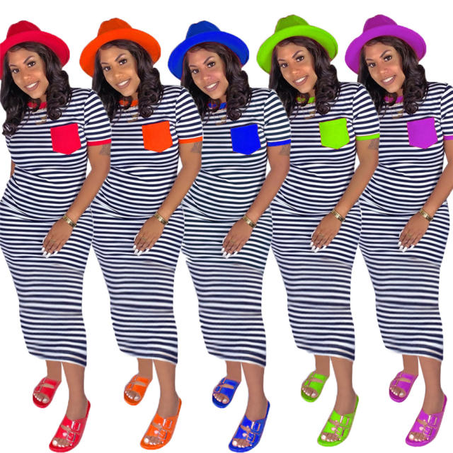 Striped Print Casual Dresses Short Sleeve Maxi Dress Summer Vintage Apparel