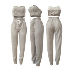 Lace-up Lady Sexy Tracksuits Sleeveless Solid Color Crop Tops Streetwear