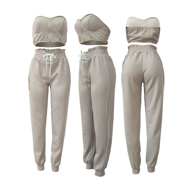 Lace-up Lady Sexy Tracksuits Sleeveless Solid Color Crop Tops Streetwear