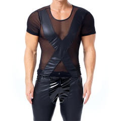 Men Patent Leather T-shirts Sheer Mesh Tops PQX6027