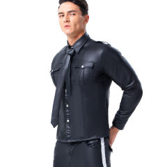 Men Faux Leather Shirts Plus Size Stand Collar Tops PQX6023