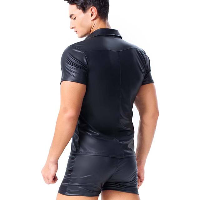 Night Club Male Faux Leather Outerwear PU Short Sleeve Shirts PQX6009