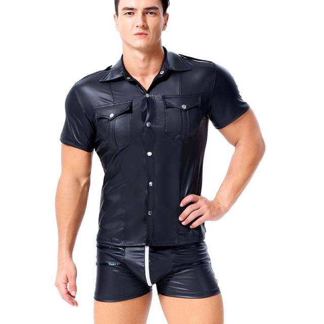 Men's Faux Leather Causal Shirts PVC Tops PQX6024