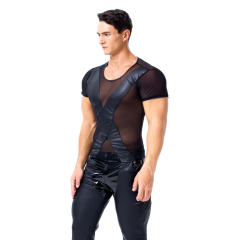 Men Patent Leather T-shirts Sheer Mesh Tops PQX6027