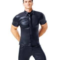 Night Club Male Faux Leather Outerwear PU Short Sleeve Shirts PQX6009