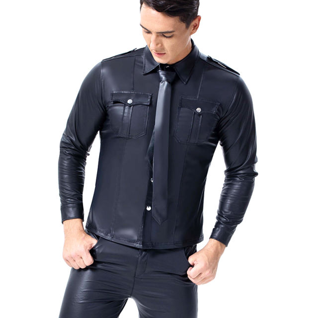 Men Faux Leather Shirts Plus Size Stand Collar Tops PQX6023