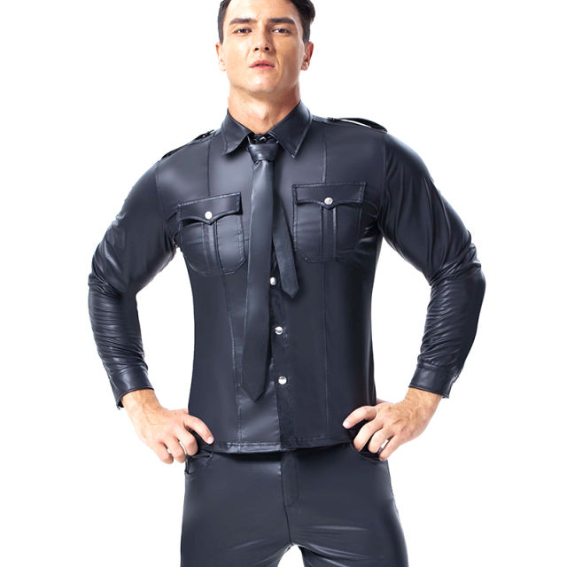 Men Faux Leather Shirts Plus Size Stand Collar Tops PQX6023