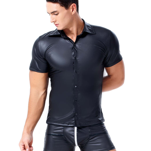 Night Club Male Faux Leather Outerwear PU Short Sleeve Shirts PQX6009