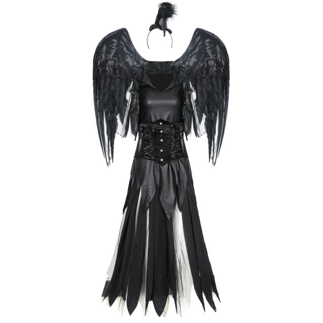 Halloween Black Angel Costume For Women Devil Cosplay Fancy Dress PQMR9086