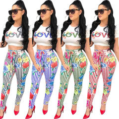 Women Two Piece Pants Fashion Letter Print Tops Summer Vacation Outfits PQQM361