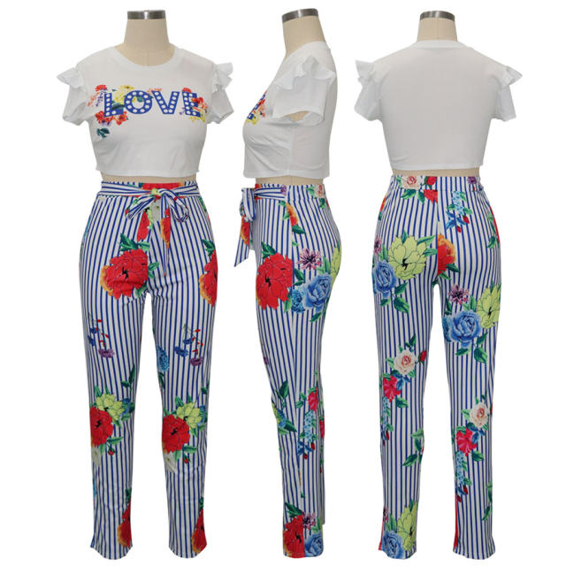 Women Two Piece Pants Fashion Letter Print Tops Summer Vacation Outfits PQQM361