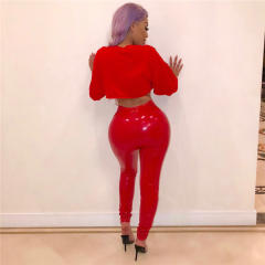 High Waist Shiny Faux Leather Trousers for Women Fashion PU Pants PQUJ4519B