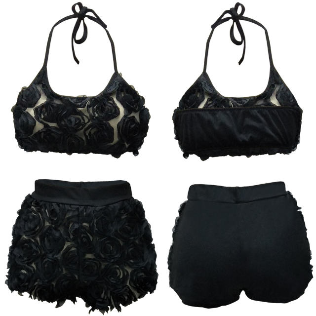 Female Halter Lace Tracksuits Women Two Piece Short Pants Sets PQQM3607
