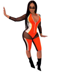 Summer Workout Jumpsuits Fashion Mesh Patchwork Fall Fitness Bodysuits PQAJ4056
