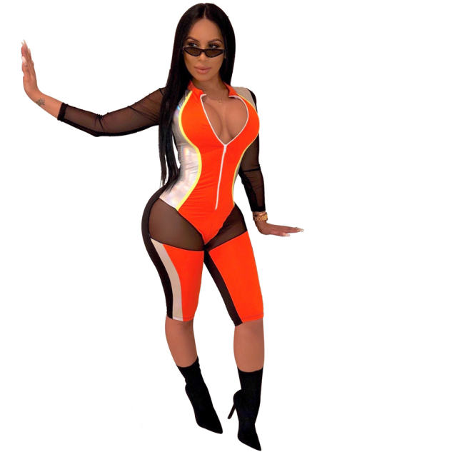 Summer Workout Jumpsuits Fashion Mesh Patchwork Fall Fitness Bodysuits PQAJ4056