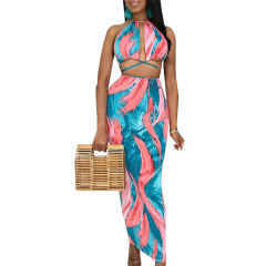 Sexy Printed Dress for Women Halter Backless Summer Beach Wear PQQM3683