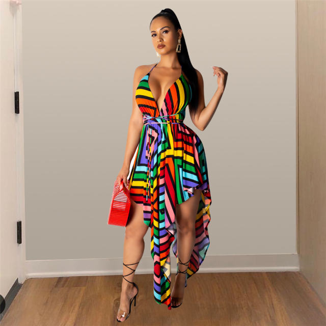 Beach Club Wear Sexy Asymmetrical Rainbow Mini Dresses PQQM3739