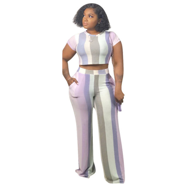 Women's Two Piece Wide Leg Pants Striped Vacation Outfits PQQM3732