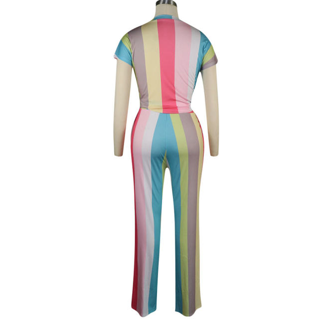 Women's Two Piece Wide Leg Pants Striped Vacation Outfits PQQM3732