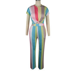 Women's Two Piece Wide Leg Pants Striped Vacation Outfits PQQM3732