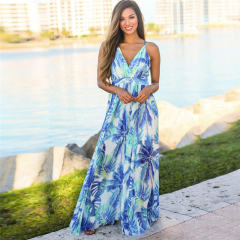 V-Neck Fashion Bohemian Dresses Summer Spaghetti Strap Maxi Dress PQ22020E