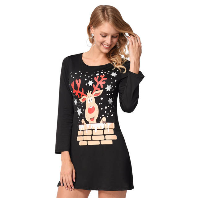 Women Reindeer Print Day Dresses Merry Christmas Mini Dress PQRYG1259A