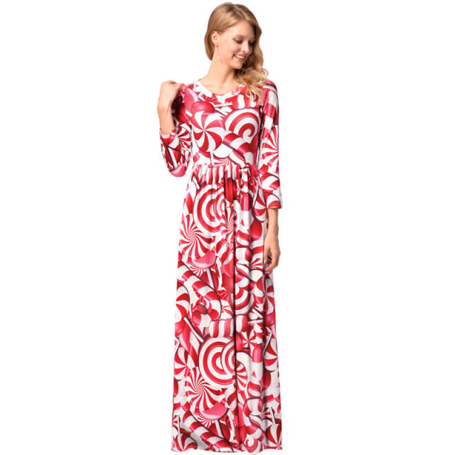 Candy Printed Santa Costume Long Sleeve Maxi Dresses PQR1199
