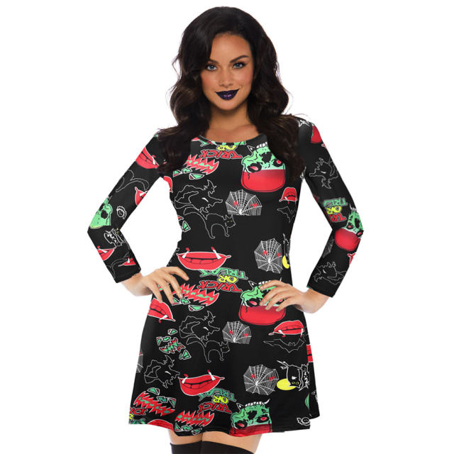 Fashion Printed Streetwear Halloween Crew Neck Mini Dress PQX037