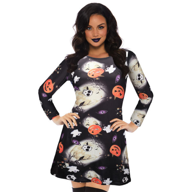 Halloween Printed Mini Dress Crew Neck Fashion Streetwear For Women PQX009