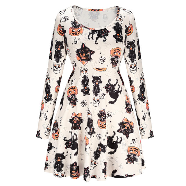 Halloween Print Party Dress For Women Crew Neck Fashion Streetwear PQR1159