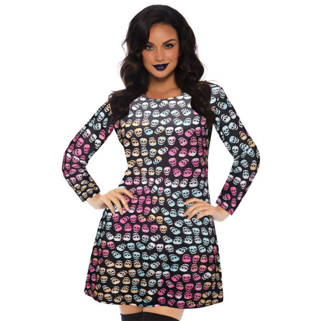 Halloween Printed Mini Dress Crew Neck Fashion Streetwear For Women PQX009