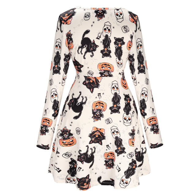 Halloween Printed Mini Dress Crew Neck Fashion Streetwear For Women PQX009